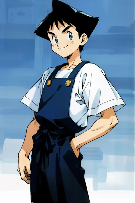 by Ken Sugimori, sugimori 1990s, ((only 1man)), shop clerk, blue apron, pleasant smile ((hands behind their back)), full black pupils, manga, best quality, highly detailed, clean lines, cowboy shot, good hands, good eyes, hd, 8k, professional, symmetrical,...