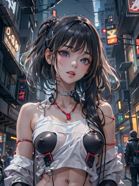 (photorealistic:1.8, highest quality:1.8,8K masterpiece:1.8,High resolution,muste piece:1.8,RAW Photos,cinematic lighting),
cyber punk、Back alley at night in the city、rain-soaked ground、vapor、
 (1 android girl:1.3)、Completely naked、shirt、bondage、choker、kne...