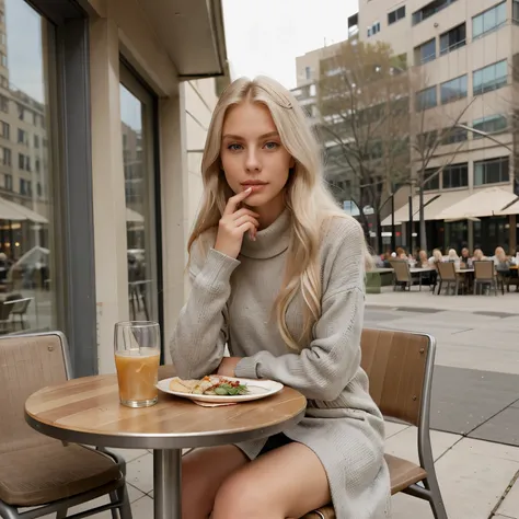 Aria, 24 year old platinum blonde model with long thick windy hair and a nice body. Eating lunch at a nice restaurant alone in the day time, sat down at a table, wearing pretty daytime winter clothes