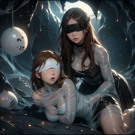 1girl,Spider weaves a net on a girl, very realistic, very detailed,bed,stretched, dark cave, struggle in the net,brown haired, very long sheer skirt,lying down,(blindfold:1.4),(ballgag:1.4)