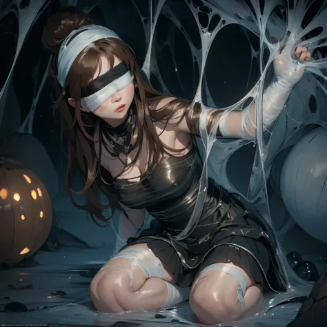 1girl,Spider weaves a net on a girl, very realistic, very detailed,bed,stretched, dark cave, struggle in the net,brown haired, very long sheer skirt,lying down,(blindfold:1.4),(ballgag:1.4)