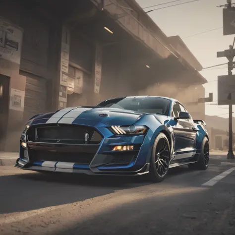 a mustang shelby gt500 2020, (detailed stunning environment), cinematic, cover art, (low front angle), intricate, highly detailed, smooth, sharp focus, cinematic lighting, atmospheric, photoreal, 8k, Canon EF 200-400mm f/4L IS USM Extender 1. 4x Lens, stan...