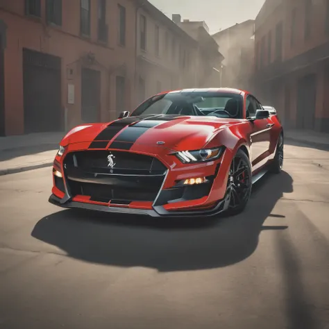 360 view, ford mustang Shelby gt500, bright colours, down light, sharp focus, cinematic lighting, atmospheric, photoreal, 8k, Canon EF 200-400mm f/4L IS USM Extender 1. 4x Lens, stan Winston studio