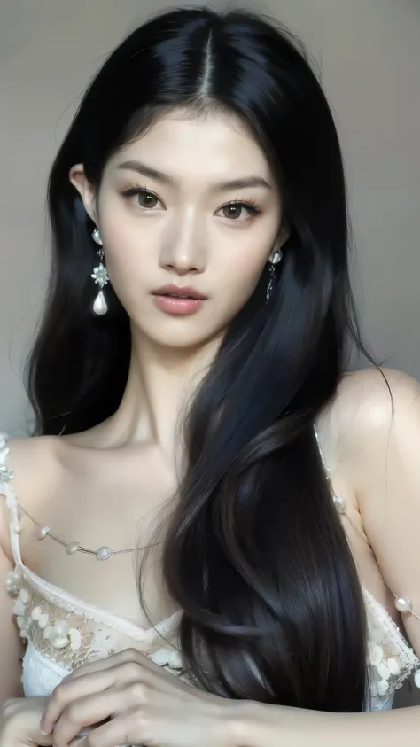 un primer plano de una mujer con cabello largo y negro con un vestido, preciosa modelo china, realista. ChengYi, preciosa cara delicada, hermosa joven coreana, asian beautiful face, beautiful asian girl, hermoso rostro delicado, hermosa mujer surcoreana, h...