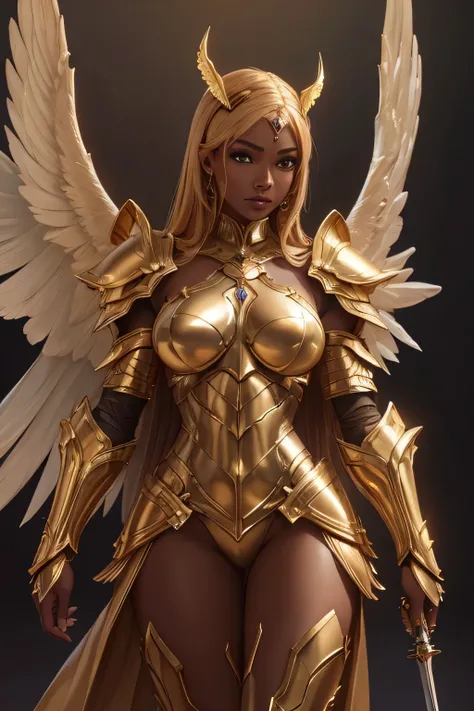 a dark skin woman in a gold outfit with wings and a sword, angelic golden armor, angel knight girl, extremely detailed artgerm, artgerm julie bell beeple, ig model | artgerm, as a mystical valkyrie, as seen on artgerm, angel in plastic armor, mystical valk...