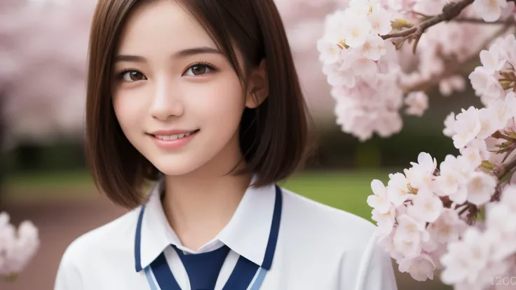 (1 girl), 17yo, (short hair), enchanting smile, (highly detailed eyes, highly detailed face), Fresh, very beautiful appearance, (surreal, High resolution), (highest quality:1.4), professional photography, (high School uniform:1.2), cherry blossoms, focus o...