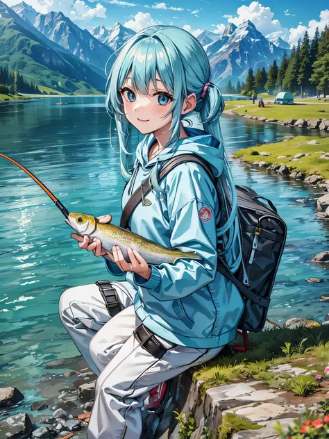 I have a large trout that I caught.、twin tails、Beautiful girl with long light blue hair、adorable smile、mountain stream fishing、fishing clothes、long sleeve hooded、outdoor jacket、hoodie、waders、Long pants for fishing、for camping、sports backpack)