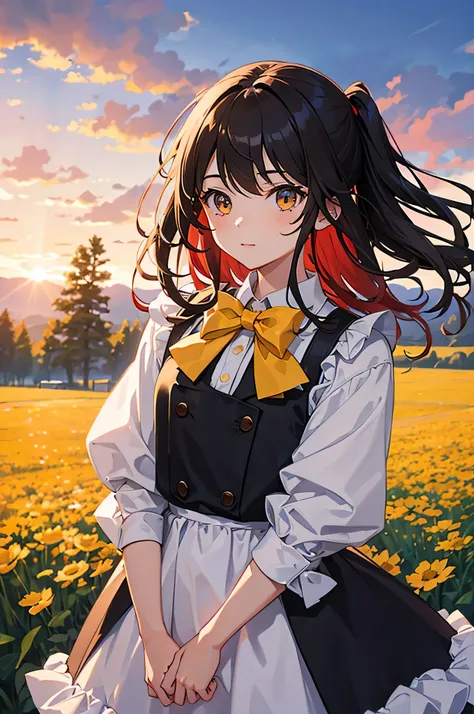 fanart; 1girl, 1boy, dress, outdoors, red sky, yellow bow,, ultra detailed