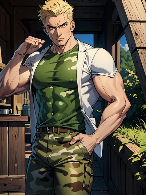 (best quality:1.4),masterpiece,ultra-detailed,angry, muscular, man, sharp eyes, serious look,realism,cowboy shot,1guy, 22 years,short blond hair ,tareme, white skin, one man, male, brown jacket, t-shirt green, camouflage pants, t-shirt out of pants