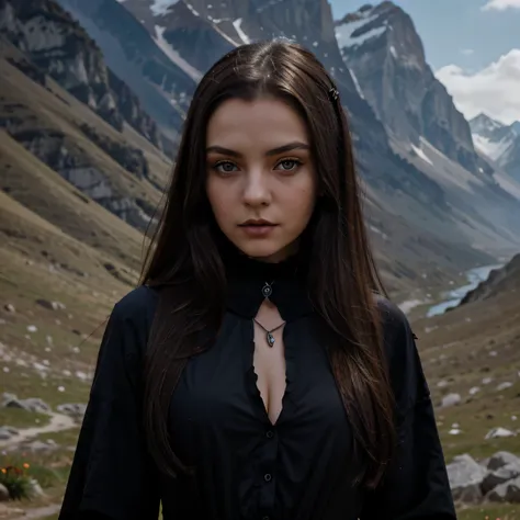 Albanian, girl, long brown hair, blue eyes, Brunette, Himalayan mountain ranges, Harmony, Gothic choker, Posed photo, Natural beauty, Brunette girl, Wednesday Addams costume, Serious pose, Gothic attire, Enchanting gaze