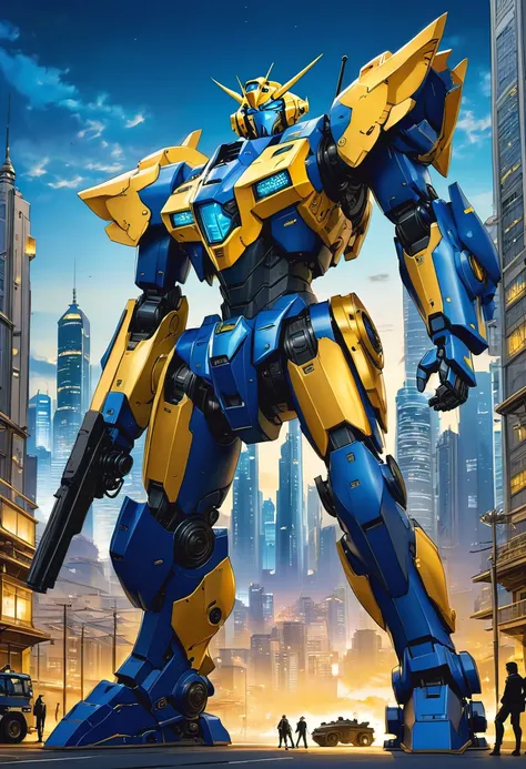 (masterpiece, best quality, manga style:1.2), manga panels, a majestic blue and yellow mecha guarding the city, shield, weapon, ...