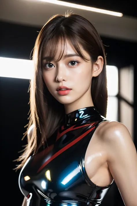 1 female, medium chest, light brown hair, dull bangs, hair behind the ear, hair on shoulders, long hair, slender body shape, ult...