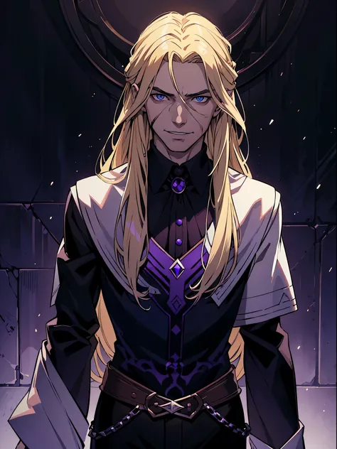 (best quality:1.4),masterpiece,ultra-detailed,beautiful man, sharp eyes, evil look,realism,cowboy shot,1man,blonde beautiful hair, blue eyes ,tareme,long hair,white skin, black suit, purple renaissance shirt, blood, evil smile. Psycho look