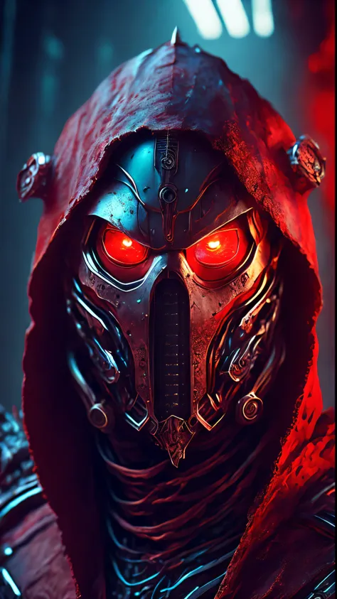 breathtaking cinematic science fiction photo of a portrait of a non human masked grim wrapped in red chrome metal skin, body ful...