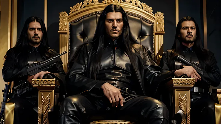 A tall man in black leather with long black hair is sitting on a golden throne, surrounded by bodyguards with guns.