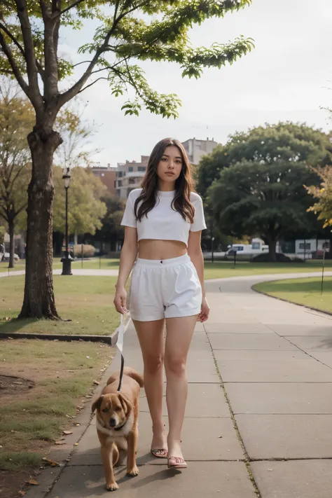 Uma paisagem linda do parque em nov York, com uma  linda,morena com uma  roupa  larga e um cachorro e un rapaz branco alto com roup esportiva