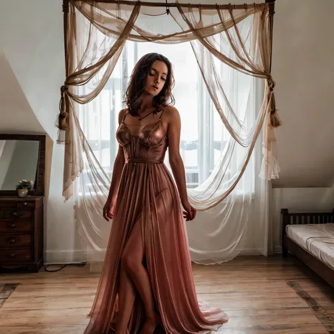 1girl,(bright lighting,romantic setting),dreamy background,,dark hair, mesmerizing gaze, , soft skin, alluring beauty, artistic portrait, high-quality image, vibrant colors,translucent long silk gown, mosquito net, lying down, romantic bedroom, sidesuspens...