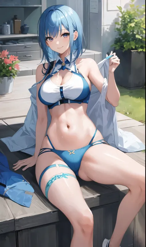 ((masterpiece, best quality)), (1girl),((mature female)), blue hair,naked, cum, ahegao, (( lady )),bangs,medium breast,(busty),slim,smile, [wide hips],leg spreading