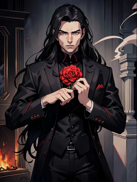 (best quality:1.4),masterpiece,ultra-detailed,handsome man, sharp eyes,,realism,cowboy shot,1guy,black long hair, grey eyes ,tareme,long hair, vampire look, white skin, dark suit, black pants, black jacket, black coat, red smoke,  smoke, castle, dracula lo...