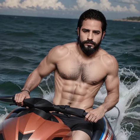 "Attractive man on a jet ski, cuerpo musculoso, barba, rostro detallado y expresivo".