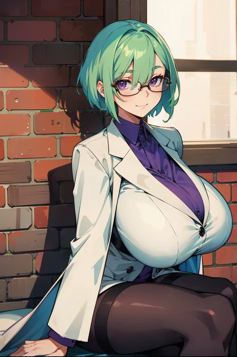 (summer light:1.2), (gigantic breasts:1.4), 1woman, green hair, short hair, long banns, purple eyes, hair over one eye, put book on her knee, slight smiling, white lab coat, black glasses, black pantyhose, sitting on a wooden bench, outdoors, red brick wal...