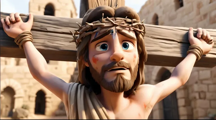 The image depicts Jesus carrying his cross with a crown of thorns on his head. He has large blue eyes and his skin is a light brown. He is wearing a beige robe and has a red splotch on his left cheek. He is looking upwards with his arms outstretched, holdi...