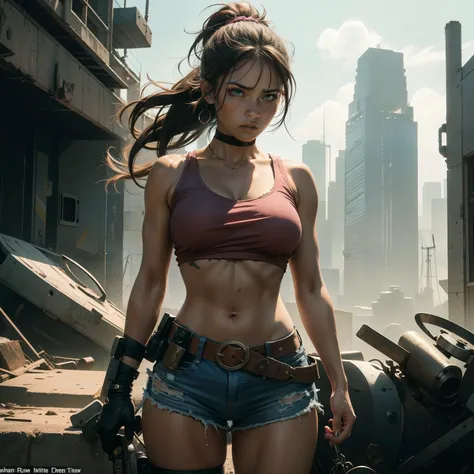 

A scared-looking woman with brown hair tied up in a high ponytail and emerald 
 eyes. Her clothes were torn, revealing a pink top with jagged edges and short shorts that had seen better days. Her physique was well-proportioned, with ample cleavage, and s...