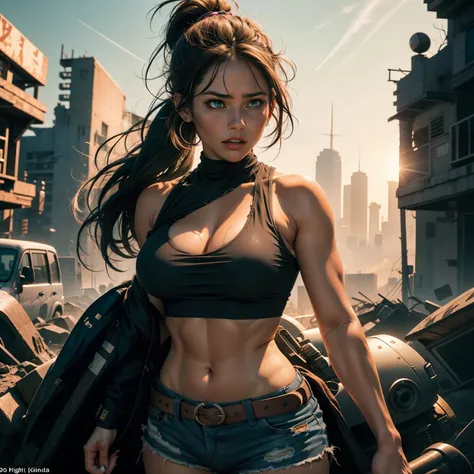 

A scared-looking woman with brown hair tied up in a high ponytail and emerald 
 eyes. Her clothes were torn, revealing a pink top with jagged edges and short shorts that had seen better days. Her physique was well-proportioned, with ample cleavage, and s...