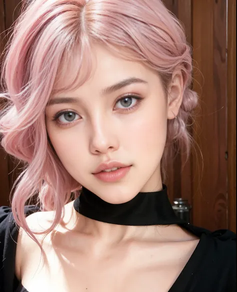 a close up of a woman con cabello rosado wearing a choker, bella delfina, con cabello rosado, maquillaje popular de corea del sur, portrait of jossi de blackpink, ulzzang, maquillaje coreano popular, parque roseanne de blackpink, cabello rosado que fluye, ...