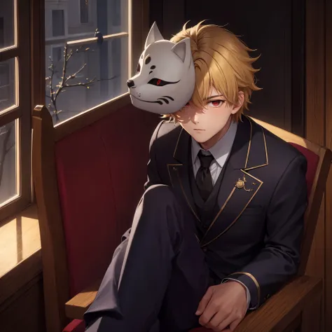 masterpiece, soft moonlight, moon in the window, shadows, room, boy, 20 years, blonde hair, red eyes, arrogant look, raised chin...