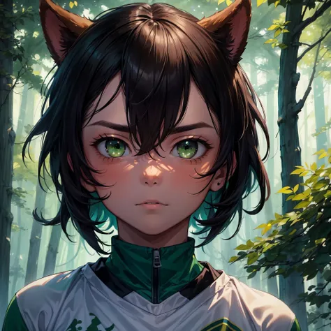 (best quality,4k,8k,highres,masterpiece:1.2), ultra-detailed, 1boy, masculino, soccer uniform, green eyes, inside the forest, fu...