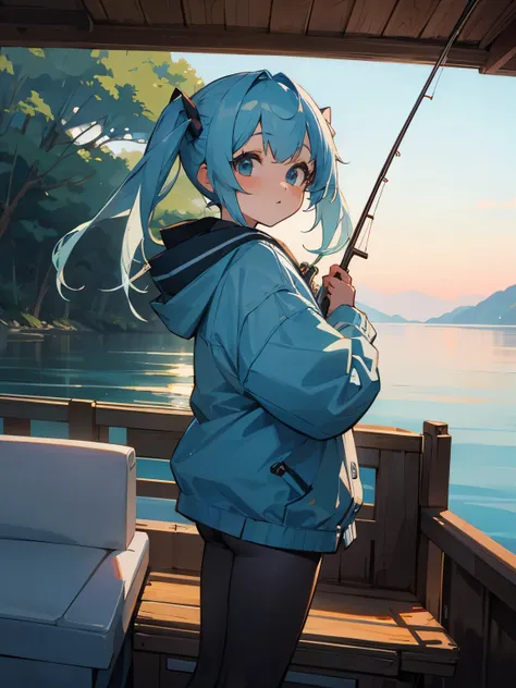 fishing sea boat twintails light blue hair girl