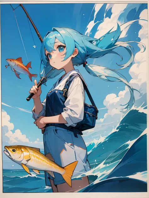 fishing sea water fish twintails light blue hair girl