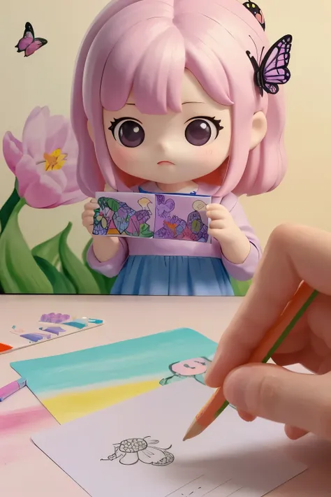 The following scenes will be expressed using chibi girl dolls.（Photoreal、A girl is drawing pictures of tulip flowers and butterflies on the wall with crayons.、The picture is a child&#39;s doodle, but it&#39;s very colorful.）