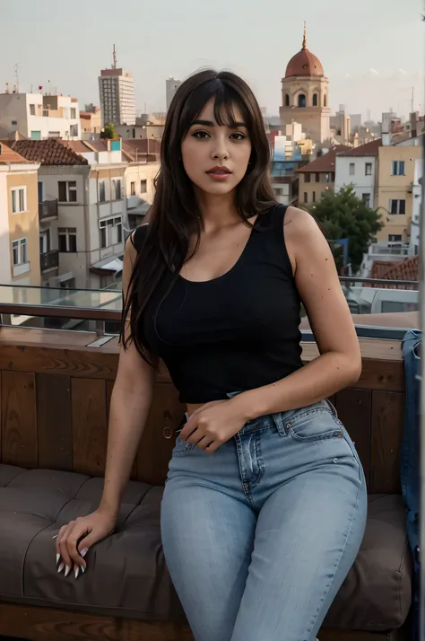 raw uhd full body portrait of a beautiful romanian-arabic woman. 25 years old, 170 cm height, 75 kg, long dark hair with bangs, big lips, big eyebrows, beautiful brown eyes, big nose. attractive woman with a black top and jeans sitting at a rooftop bar in ...