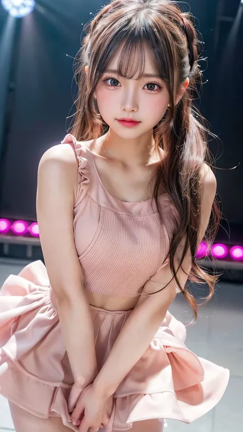 blush,small breasts,14 years old,long hair ponytail,on stage,Are standing,((8K, Raw photo, highest quality, pieces fly:1.2), (reality, realistic:1.4), (Highly detailed 8K wallpaper), written boundary depth, cinematic lighting, soft light, Details beauty ey...