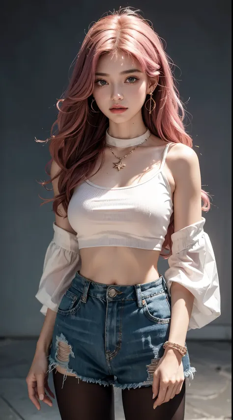 masterpiece, best quality,portrait of 1girl1girl, solo, jewelry, star (symbol), earrings, crop top, necklace, shorts, long hair, midriff, cowboy shot, pantyhose, detached sleeves, pink hair, star print, shirt, breasts, bare shoulders, star earrings, turtle...