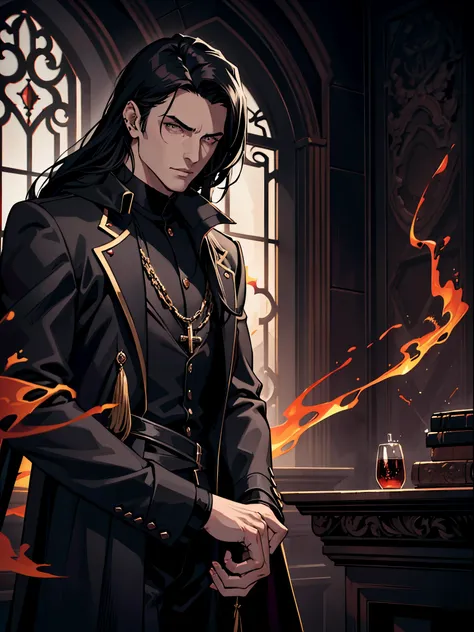 (highres,photorealistic:1.2),handsome man with a captivating gaze stands in a gothic castle. He has long, black hair and piercing grey eyes that exude intensity. His eyes are intricately detailed, drawing attention to their mesmerizing beauty. The man has ...