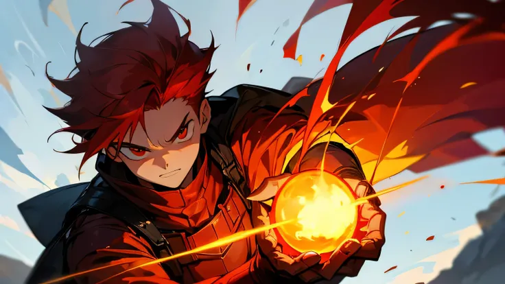 a red hair boy holding a fireball