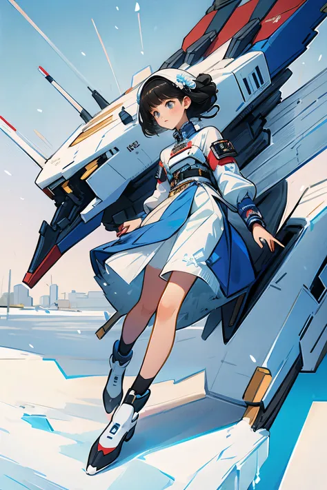 1girl, cute, ice and snow world, solo, skinny, wind, mecha outfit, full body, beautiful face, decorated with complex patterns and exquisite lines,