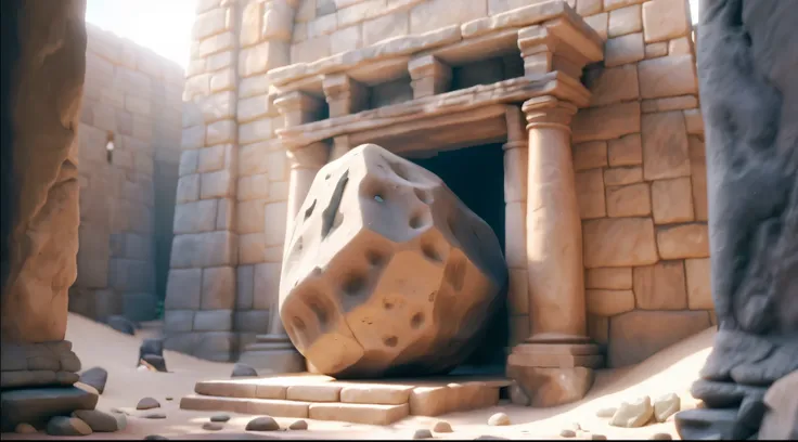 3D Disney pixar, A large rock is in front of an archway, surrounded by more rocks. The wall behind the archway is made of stone and has columns. The scene is bathed in sunlight, 4k, unreal engine render, epic pixar art 