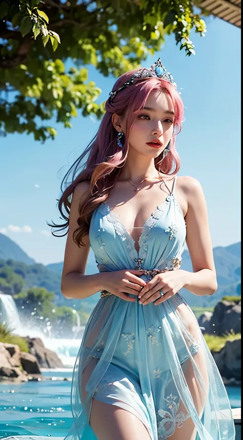 A captivating scene emerges from a canvas-like photograph. A stunning woman, with cascading waves of long hair that blends vibrant pink and cool blue, graces the center. Shes adorned in a flowing white dress, its delicate fabric etched with whimsical flora...