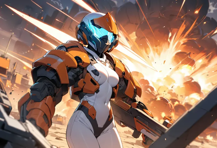 1girl,Sala,original,full face helmet,orange heavy armor,no face,no hair,white body suit,in battlefield full of lasers,explosion building in background,depth of field,Science fiction,ultra-detailed,sharp focus,(best quality)