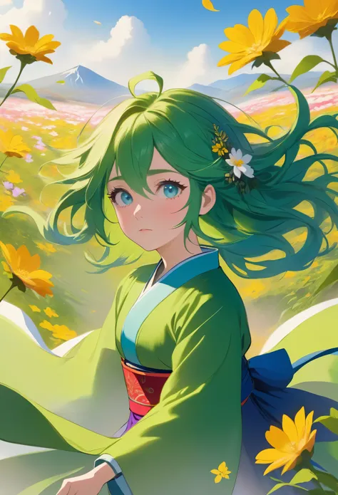 downward、stand still、standing position、adult woman、Pitiful、beautiful、green hair、blue eyes、National costume、hair swaying in the wind、flower background