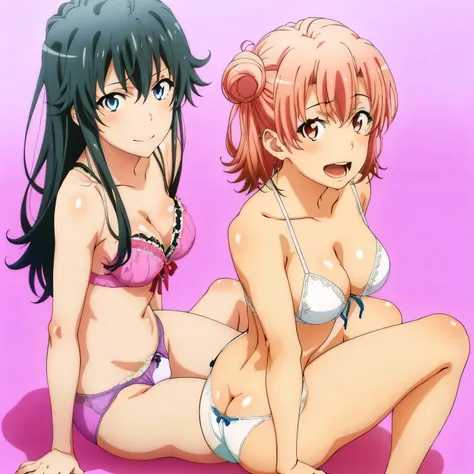 2 girls , Yukinoshita Yukino , yuigahama yui&#39;My breasts and butt feel good..., waltz dance , In underwear,raise your legs,whole body,pink silk panties,white silk panties,thighs,knees,toes,high angle,smile,beautiful eyes,Clear eye color,