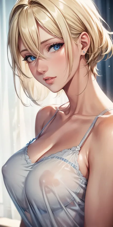 portrait, elegant adult woman, blue eyes, blonde hair, perfect eyes, big breast, transparent camisole, see through nipple, high resolution 8k, beautiful cg, soft light