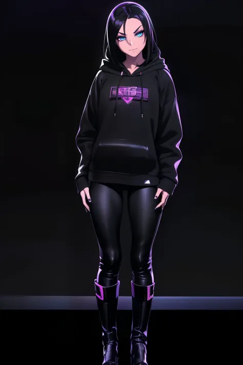 beautiful girl, ((standing:1.4)), (confident gaze:1.1), ((hoodie:1.4)), full body, short bright neon streaked black hair, ((sedu...