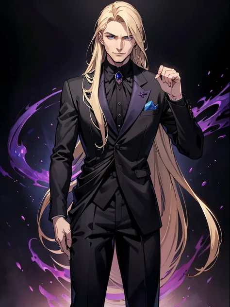 (best quality:1.4), masterpiece, ultra-detailed, realistic evil cowboy, intense gaze, enigmatic smile, dark gothic atmosphere, handsome man, tousled blonde hair, piercing blue eyes, hypnotic gaze, long flowing hair, fair complexion, elegant black suit, tai...