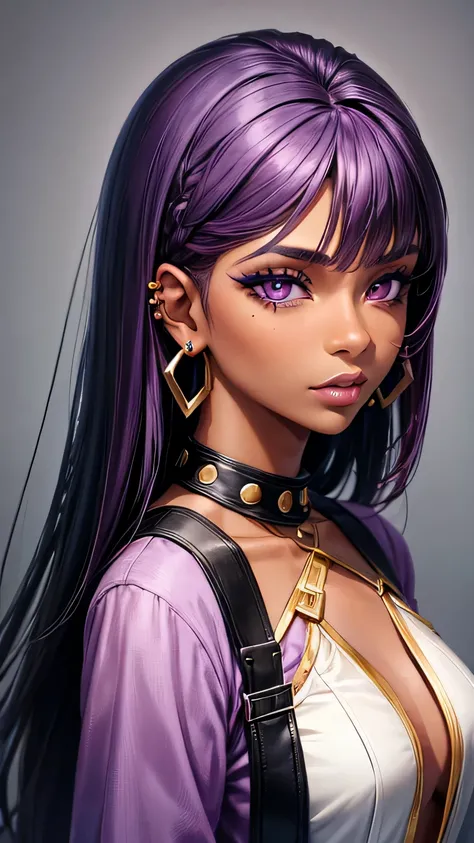 1girl, asymmetrical_hair, purple_hair, brown-skinned_female, brown_skin, ear_piercing, earrings, eyeshadow, jewelry, lips, long_hair, looking_at_viewer, makeup, mole, mole_under_eye, nose, piercing, realistic, solo, stud_earringsm purple_eyes
