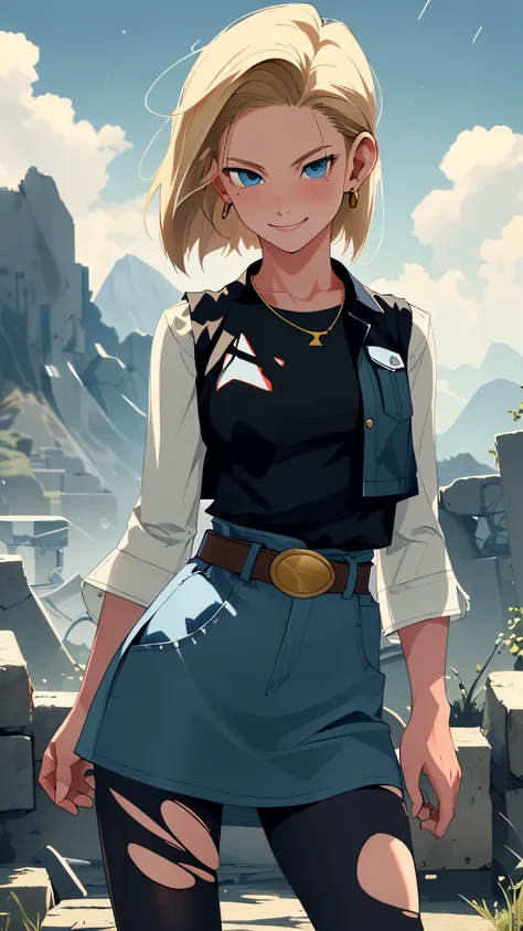 best quality, highres, and18, 1girl, android 18, solo girl, 1girl, blonde hair, blue eyes, belt, boots, tight blue demin skirt, gold_necklace, black shirt, short hair, long striped sleeves, earrings, open vest, denim vest, medium breasts, cowboy shot, moun...